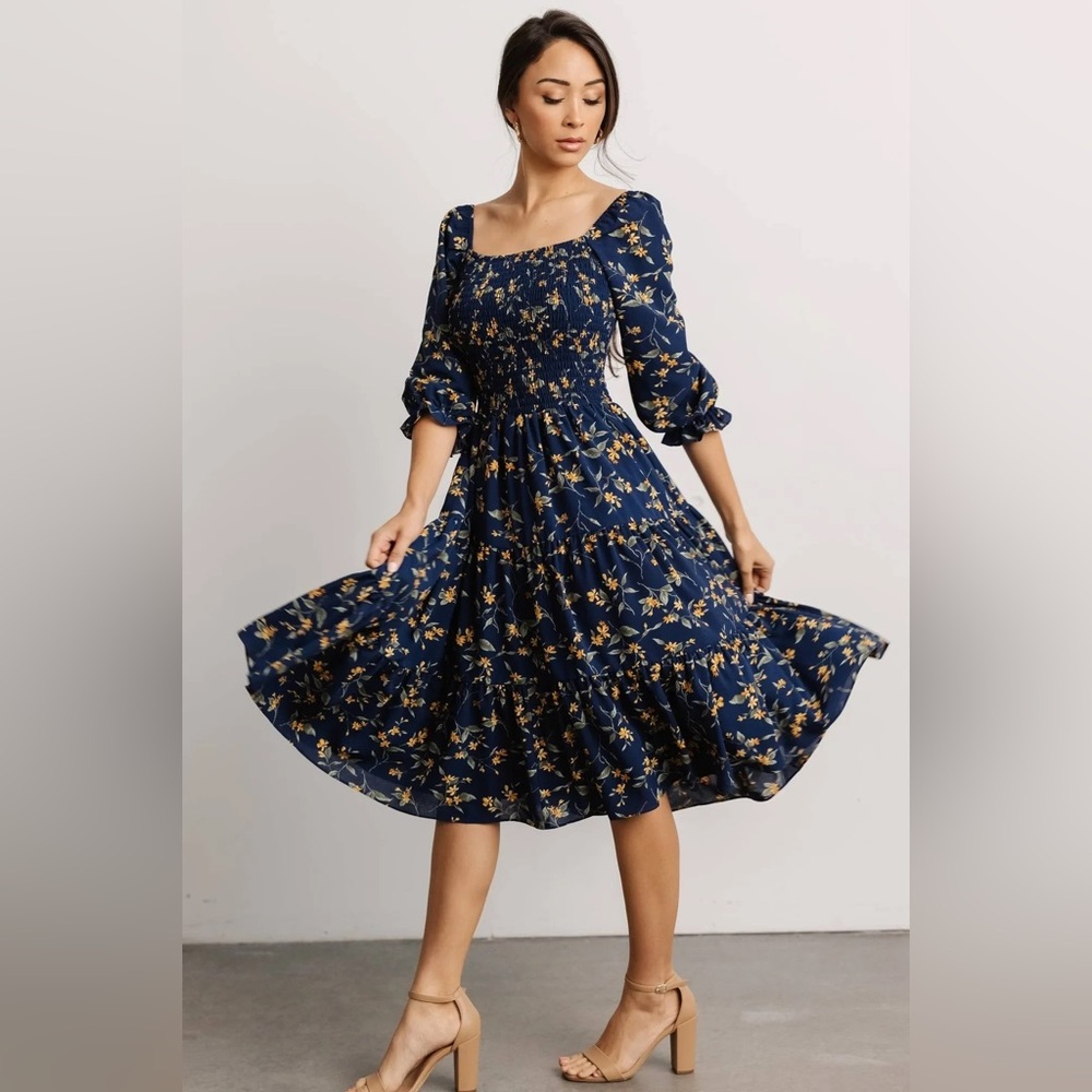 EUC - Baltic Born Navy Marta Smocked Midi Dress, Medium
